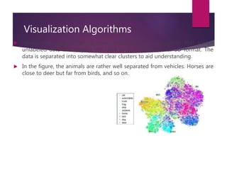 Visualization Algorithms
 Visualization algorithms are unsupervised learning algorithms that accept
unlabeled data and display this data in an intuitive 2D or 3D format. The
data is separated into somewhat clear clusters to aid understanding.
 In the figure, the animals are rather well separated from vehicles. Horses are
close to deer but far from birds, and so on.
 
