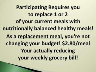 Participating Requires you
           to replace 1 or 2
      of your current meals with
nutritionally balanced healthy meals!
 As a replacement meal, you're not
 changing your budget! $2.80/meal
        Your actually reducing
       your weekly grocery bill!
 