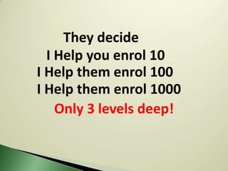 They decide
  I Help you enrol 10
I Help them enrol 100
I Help them enrol 1000
    Only 3 levels deep!
 