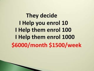 They decide
   I Help you enrol 10
 I Help them enrol 100
 I Help them enrol 1000
$6000/month $1500/week
 