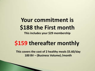 Your commitment is
  $188 the First month
      This includes your $29 membership


$159 thereafter monthly
This covers the cost of 2 healthy meals $5.60/day
       100 BV – (Business Volume) /month
 