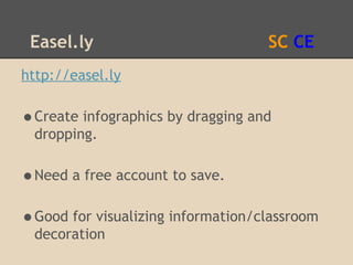 Easel.ly                          SC CE
http://easel.ly

•Create infographics by dragging and
 dropping.

•Need a free account to save.
•Good for visualizing information/classroom
 decoration
 