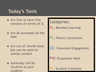 Today's Tools
• Are free or have free      Categories:
  versions (in terms of $)
                             BL: Blended Learning
• Are all accessed via the
  Web                        PC: Parent Connection

• Are not all Jewish tools   CE: Classroom Engagement
  but can be used for
  Jewish content
                             PW: Purposeful Work
• Generally will be
  intuitive to your
                             SC: Student Creations
  students
 
