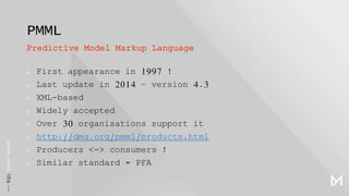 PMML
× First appearance in 1997 !
× Last update in 2014 – version 4.3
× XML-based
× Widely accepted
× Over 30 organisation...