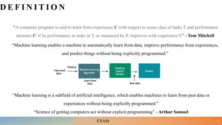 D E F I N I T I O N
“A computer program is said to learn from experience E with respect to some class of tasks T and performance
measure P, if its performance at tasks in T, as measured by P, improves with experience E” - Tom Mitchell
“Machine learning enables a machine to automatically learn from data, improve performance from experiences,
and predict things without being explicitly programmed.”
“Machine learning is a subfield of artificial intelligence, which enables machines to learn from past data or
experiences without being explicitly programmed.”
“Science of getting computers act without explicit programming” - Arthur Samuel
10
EXAM
 