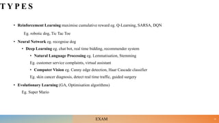 T Y P E S
• Reinforcement Learning maximise cumulative reward eg. Q-Learning, SARSA, DQN
Eg. robotic dog, Tic Tac Toe
• Neural Network eg. recognise dog
• Deep Learning eg. chat bot, real time bidding, recommender system
• Natural Language Processing eg. Lemmatisation, Stemming
Eg. customer service complaints, virtual assistant
• Computer Vision eg. Canny edge detection, Haar Cascade classifier
Eg. skin cancer diagnosis, detect real time traffic, guided surgery
• Evolutionary Learning (GA, Optimisation algorithms)
Eg. Super Mario
19
EXAM
 