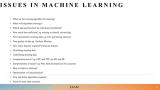 I S S U E S I N M A C H I N E L E A R N I N G
• What are the existing algorithm for learning?
• When will algorithm converge?
• Which algo perform best for what kind of problems?
• How much data sufficient? eg. training to classify cat and dog
• Non representative training data e.g. Exit poll during elections
• Poor quality of data eg. Outliers, Missing
• How many features required? Irrelevant features
• Overfitting training data
• Underfitting training data
• Computation power? eg. GPU and TPU for ML and DL
• Interpretability of model? eg. Why bank declined loan for customer
• How to improve learning?
• Optimization vs Generalization?
• New and better algorithms required
• Need for more data scientists
20
EXAM
 