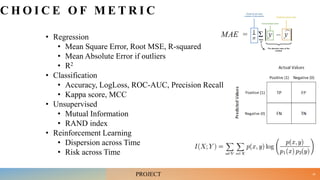 C H O I C E O F M E T R I C
• Regression
• Mean Square Error, Root MSE, R-squared
• Mean Absolute Error if outliers
• R2
• Classification
• Accuracy, LogLoss, ROC-AUC, Precision Recall
• Kappa score, MCC
• Unsupervised
• Mutual Information
• RAND index
• Reinforcement Learning
• Dispersion across Time
• Risk across Time
34
PROJECT
 