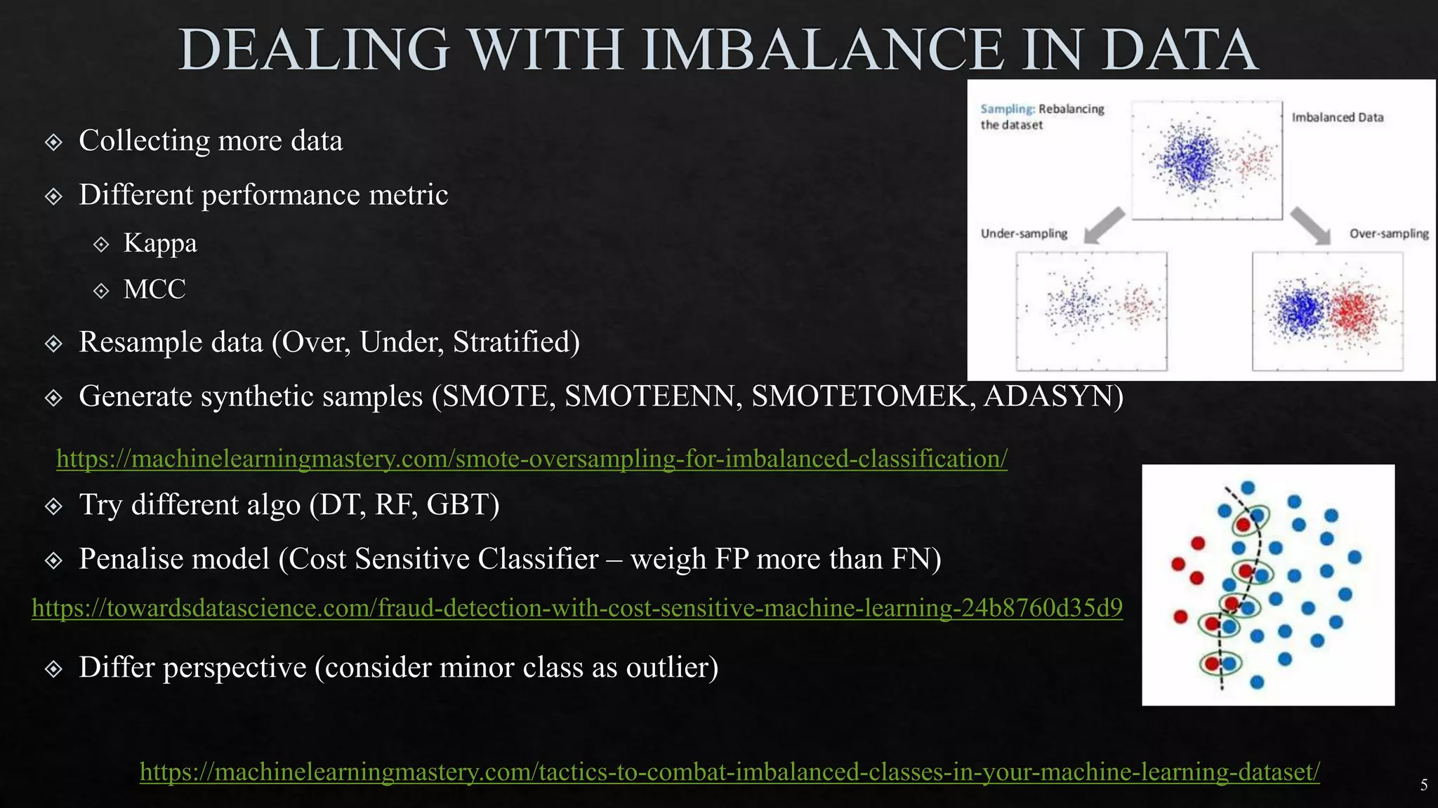 https://machinelearningmastery.com/tactics-to-combat-imbalanced-classes-in-your-machine-learning-dataset/ 5
https://towardsdatascience.com/fraud-detection-with-cost-sensitive-machine-learning-24b8760d35d9
https://machinelearningmastery.com/smote-oversampling-for-imbalanced-classification/
 