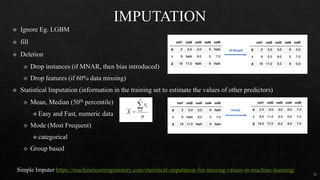 11
Simple Imputer https://machinelearningmastery.com/statistical-imputation-for-missing-values-in-machine-learning/
 