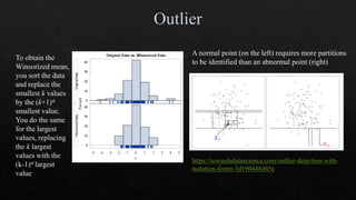 To obtain the
Winsorized mean,
you sort the data
and replace the
smallest k values
by the (k+1)st
smallest value.
You do the same
for the largest
values, replacing
the k largest
values with the
(k-1)st largest
value
A normal point (on the left) requires more partitions
to be identified than an abnormal point (right)
https://towardsdatascience.com/outlier-detection-with-
isolation-forest-3d190448d45e
 
