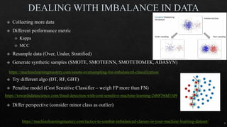 https://machinelearningmastery.com/tactics-to-combat-imbalanced-classes-in-your-machine-learning-dataset/ 5
https://towardsdatascience.com/fraud-detection-with-cost-sensitive-machine-learning-24b8760d35d9
https://machinelearningmastery.com/smote-oversampling-for-imbalanced-classification/
 