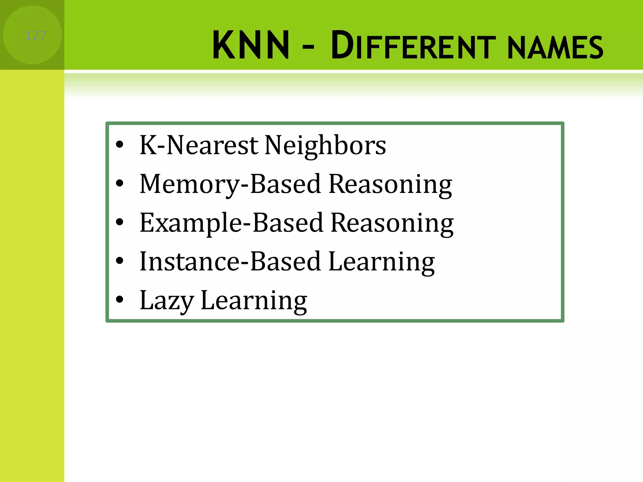 KNN – DIFFERENT NAMES
127
• K-Nearest Neighbors
• Memory-Based Reasoning
• Example-Based Reasoning
• Instance-Based Learning
• Lazy Learning
 