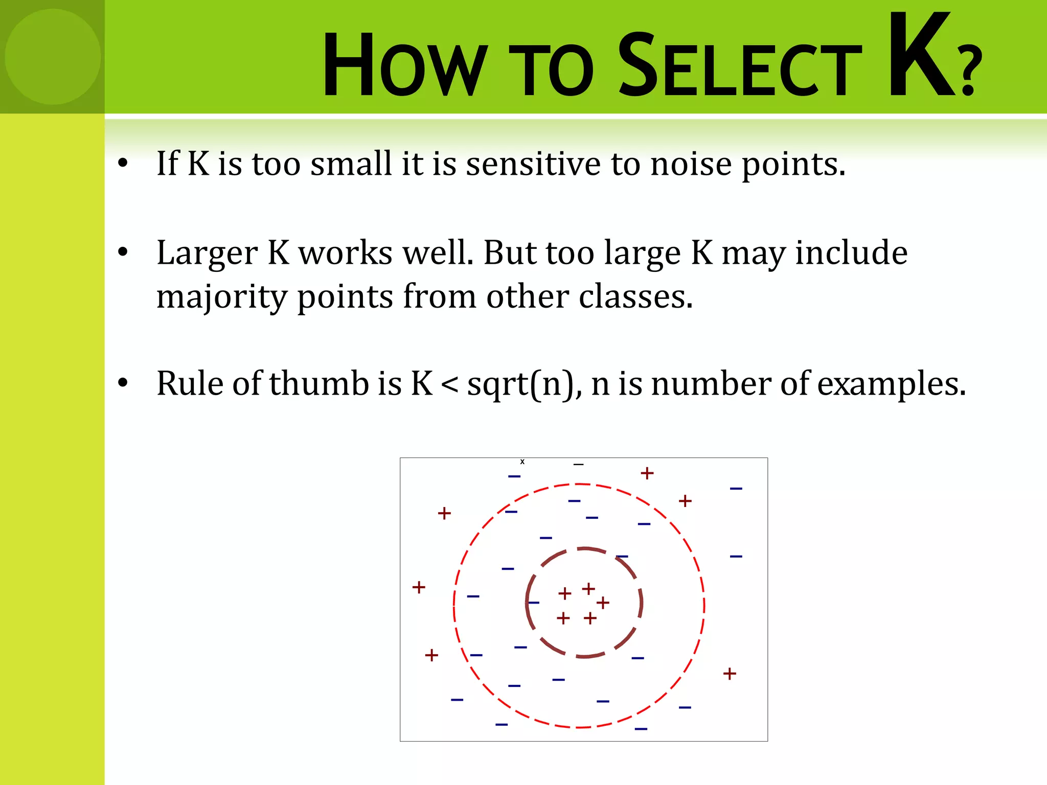 HOW TO SELECT K?
• If K is too small it is sensitive to noise points.
• Larger K works well. But too large K may include
majority points from other classes.
• Rule of thumb is K < sqrt(n), n is number of examples.
X
 