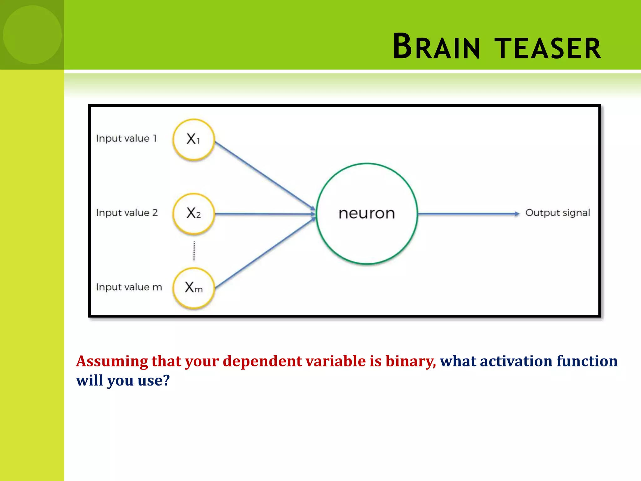 BRAIN TEASER
Assuming that your dependent variable is binary, what activation function
will you use?
 