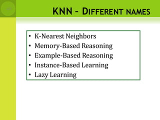 KNN – DIFFERENT NAMES
127
• K-Nearest Neighbors
• Memory-Based Reasoning
• Example-Based Reasoning
• Instance-Based Learning
• Lazy Learning
 