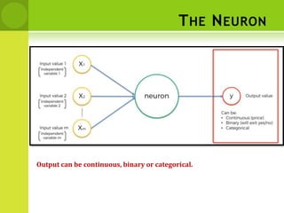 THE NEURON
Output can be continuous, binary or categorical.
 