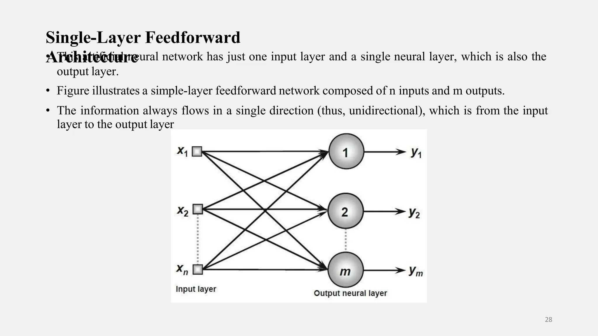 Single-Layer Feedforward • AT rh cih s i at rt e if c ic tiu alrn e eural network has just one input layer and a single neural layer, which is also the output layer. • Figure illustrates a simple-layer feedforward network composed of n inputs and m outputs. • The information always flows in a single direction (thus, unidirectional), which is from the input layer to the output layer 28 