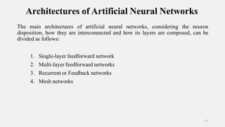 Architectures of Artificial Neural Networks
27
The main architectures of artificial neural networks, considering the neuron
disposition, how they are interconnected and how its layers are composed, can be
divided as follows:
1. Single-layer feedforward network
2. Multi-layer feedforward networks
3. Recurrent or Feedback networks
4. Mesh networks
 