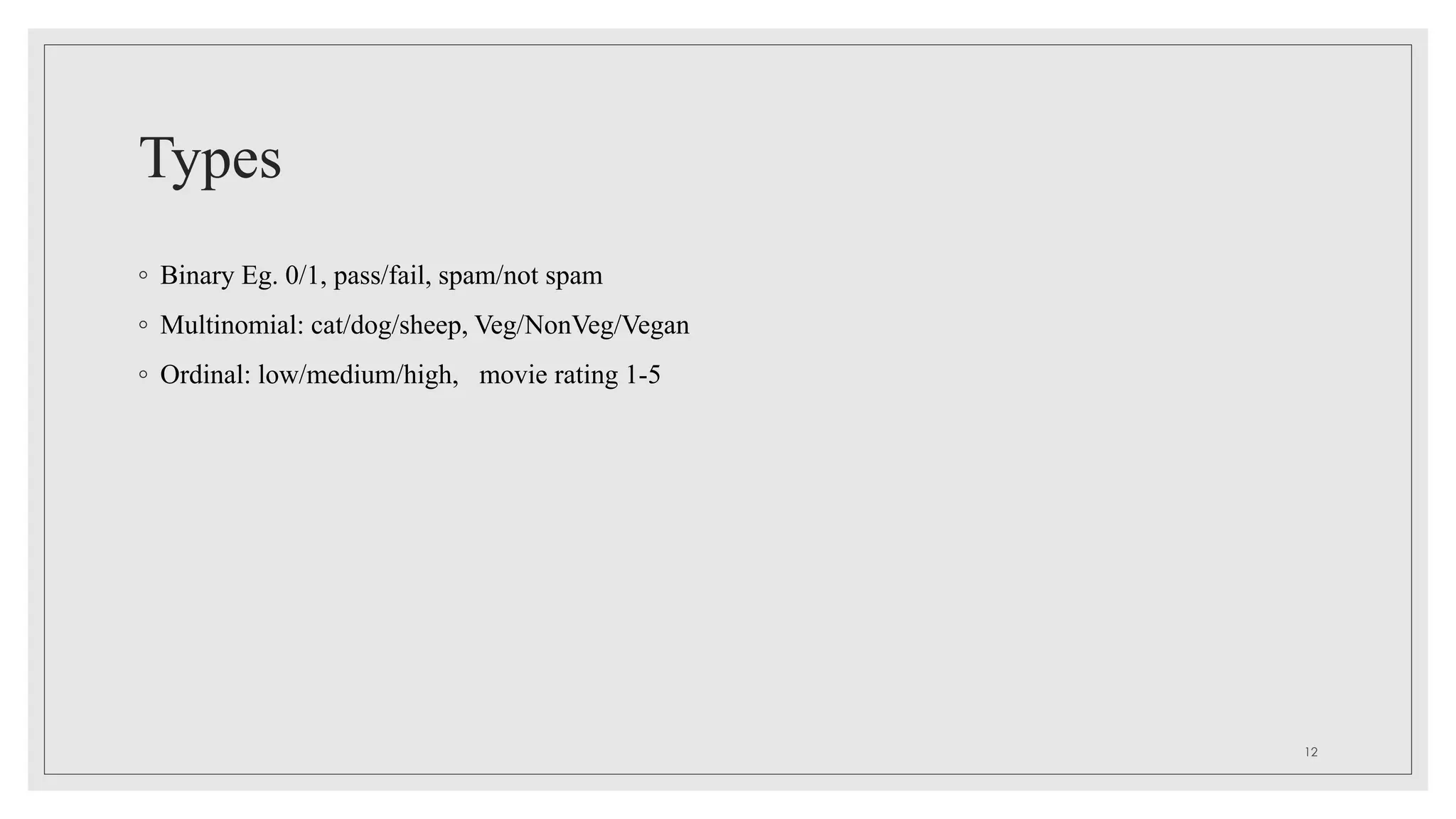 Types
◦ Binary Eg. 0/1, pass/fail, spam/not spam
◦ Multinomial: cat/dog/sheep, Veg/NonVeg/Vegan
◦ Ordinal: low/medium/high, movie rating 1-5
12
 