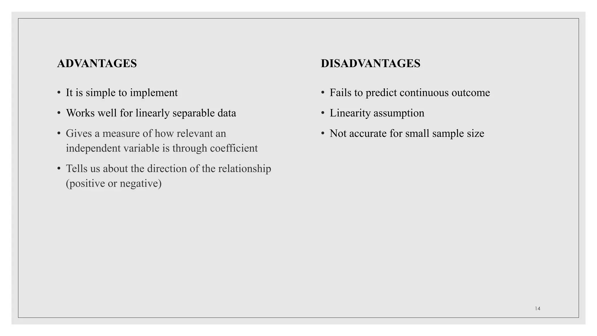 ADVANTAGES
• It is simple to implement
• Works well for linearly separable data
• Gives a measure of how relevant an
independent variable is through coefficient
• Tells us about the direction of the relationship
(positive or negative)
DISADVANTAGES
• Fails to predict continuous outcome
• Linearity assumption
• Not accurate for small sample size
14
 