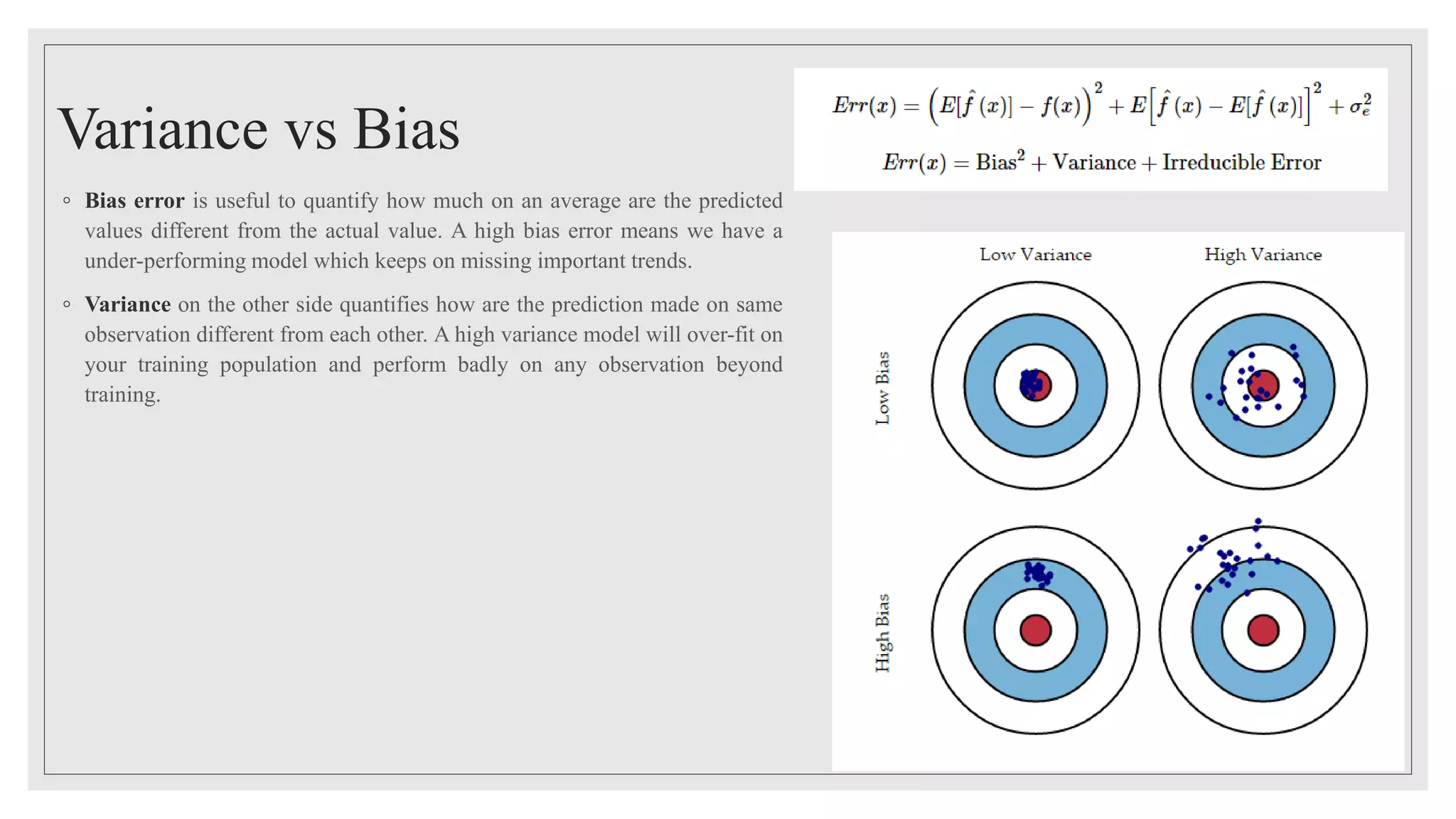 Variance vs Bias
◦ Bias error is useful to quantify how much on an average are the predicted
values different from the actual value. A high bias error means we have a
under-performing model which keeps on missing important trends.
◦ Variance on the other side quantifies how are the prediction made on same
observation different from each other. A high variance model will over-fit on
your training population and perform badly on any observation beyond
training.
 
