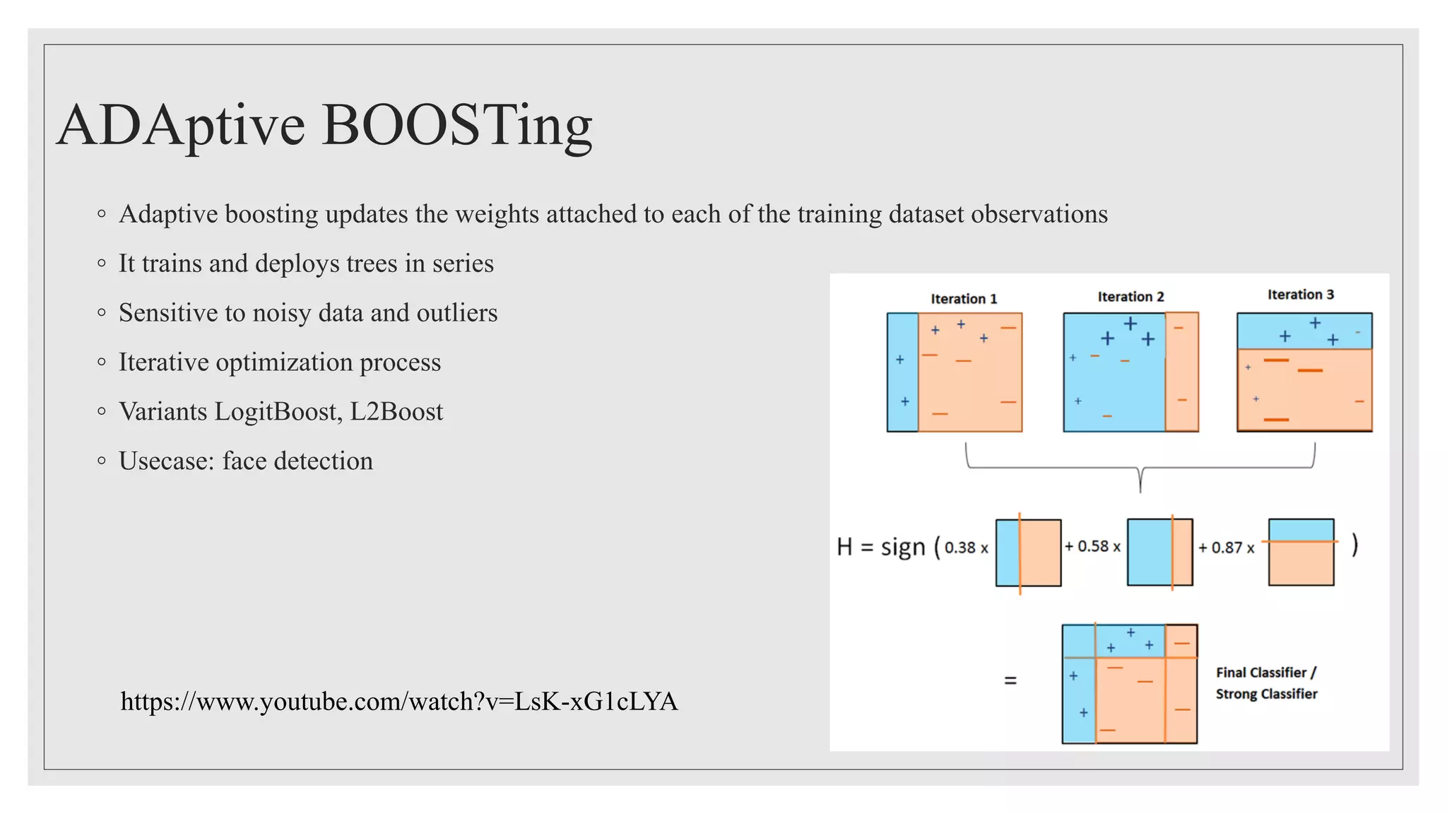 ADAptive BOOSTing
◦ Adaptive boosting updates the weights attached to each of the training dataset observations
◦ It trains and deploys trees in series
◦ Sensitive to noisy data and outliers
◦ Iterative optimization process
◦ Variants LogitBoost, L2Boost
◦ Usecase: face detection
https://www.youtube.com/watch?v=LsK-xG1cLYA
 