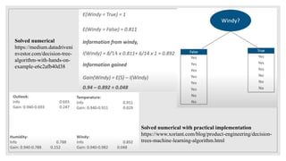 Solved numerical with practical implementation
https://www.xoriant.com/blog/product-engineering/decision-
trees-machine-learning-algorithm.html
Solved numerical
https://medium.datadriveni
nvestor.com/decision-tree-
algorithm-with-hands-on-
example-e6c2afb40d38
 