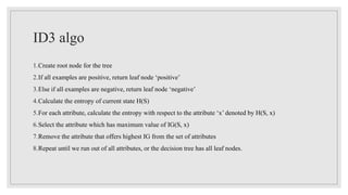 ID3 algo
1.Create root node for the tree
2.If all examples are positive, return leaf node ‘positive’
3.Else if all examples are negative, return leaf node ‘negative’
4.Calculate the entropy of current state H(S)
5.For each attribute, calculate the entropy with respect to the attribute ‘x’ denoted by H(S, x)
6.Select the attribute which has maximum value of IG(S, x)
7.Remove the attribute that offers highest IG from the set of attributes
8.Repeat until we run out of all attributes, or the decision tree has all leaf nodes.
 