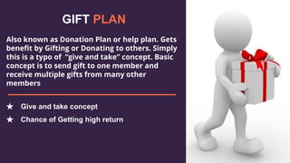 GIFT PLAN
Also known as Donation Plan or help plan. Gets
benefit by Gifting or Donating to others. Simply
this is a typo of “give and take” concept. Basic
concept is to send gift to one member and
receive multiple gifts from many other
members
★ Give and take concept
★ Chance of Getting high return
 