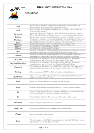 2017 SPN BUSINESS COMMISSION PLAN
Page 13 of 15
Personal Volume Bonus
? Rank achievement Bonus
? No Time limits
? Coin Bonus Paid to Coin Account
Personal
Volume
Status 5000 Packages
Bonus to
Coin Account
1000 Supervisor 1  1,250
2000 Branch Manager 2  2,500
3000 Executive 3  3,750
5000 Ambassador 5  6,250
10,000
**
Ambassador
10  12,500
20,000
***
Ambassador
20  25,000
40,000
****
Ambassador
40  50,000
80,000

Ambassador
100  100,000
 
