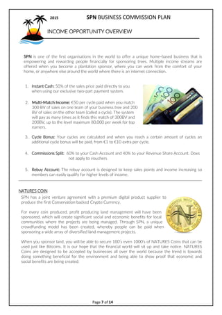 2017 SPN BUSINESS COMMISSION PLAN
Page 7 of 15
INCOME OPPORTUNITY OVERVIEW
SPN is one of the ?rst organisations in the world to offer a unique home-based business that is
empowering and rewarding people ?nancially for sponsoring trees.
Multiple income streams are offered when you become a plantation sponsor, where you can work from
the comfort of your home, or anywhere else around the world where there is an internet connection.
1. Instant Cash: 50% of the sales price paid directly to you
when using our exclusive two-part payment system.
2. Multi-Match Income: 50 per cycle paid when you
match 300 BV of sales on one team of your business
tree and 200 BV of sales on the other team (called a
cycle).
3. The system will pay as many times as it finds this match of 300BV and 200BV, up to
the level maximum 80,000 per week for top earners.
4. Cycle Bonus: Your cycles are calculated and when you reach a certain amount of cycles
an additional cycle bonus will be paid, from 1 to 10 extra per cycle.
 