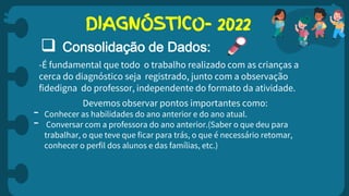 DIAGNÓSTICO- 2022
 Consolidação de Dados:
-É fundamental que todo o trabalho realizado com as crianças a
cerca do diagnóstico seja registrado, junto com a observação
fidedigna do professor, independente do formato da atividade.
Devemos observar pontos importantes como:
- Conhecer as habilidades do ano anterior e do ano atual.
- Conversar com a professora do ano anterior.(Saber o que deu para
trabalhar, o que teve que ficar para trás, o que é necessário retomar,
conhecer o perfil dos alunos e das famílias, etc.)
 