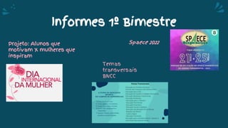 Informes 1º Bimestre
Spaece 2022
Projeto: Alunos que
motivam X mulheres que
inspiram
Temas
transversais
BNCC
 