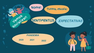 Nome: Turma, escola:
SENTIMENTOS EXPECTATIVAS
PANDEMIA
2020 2021 2022
 