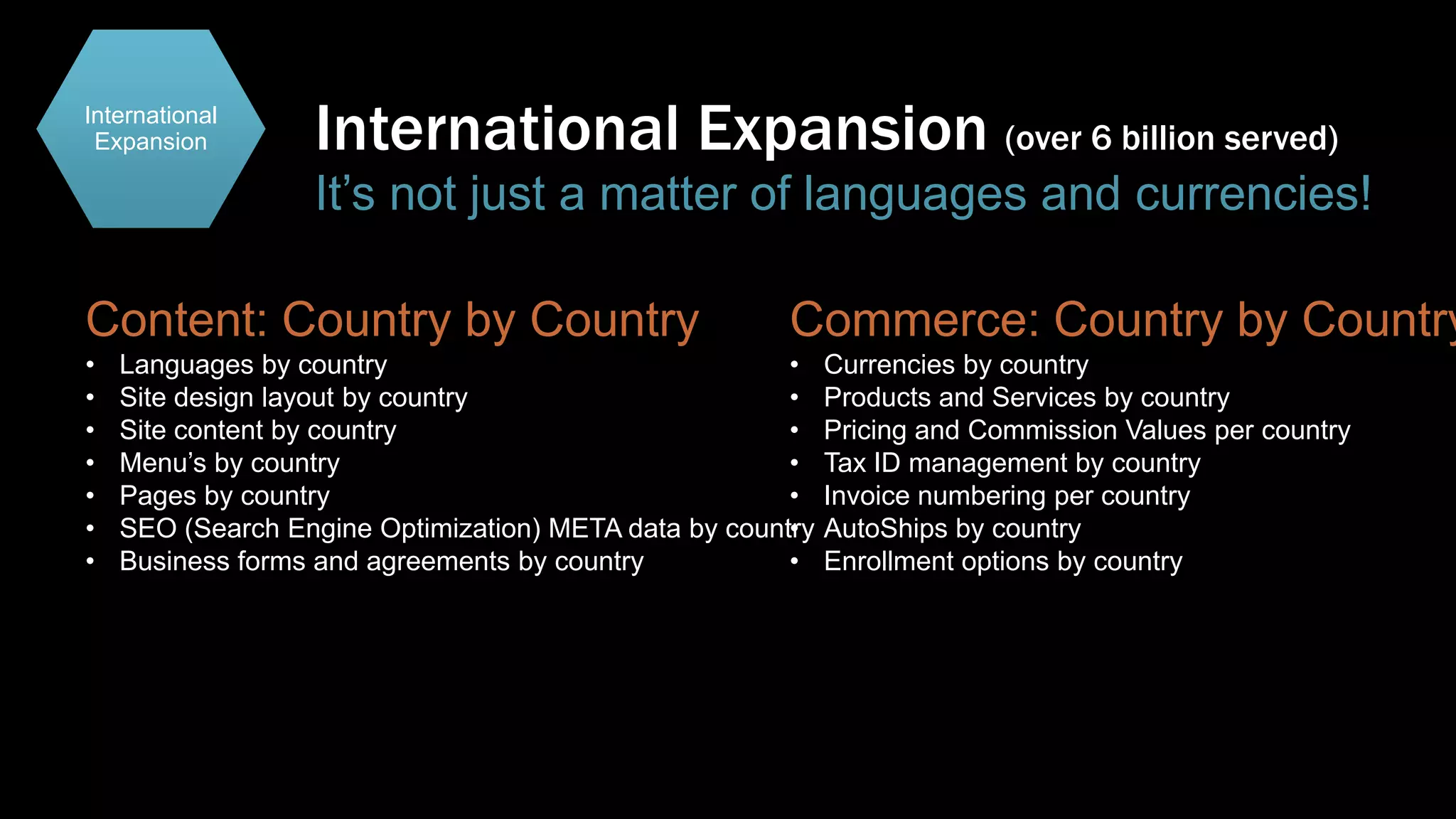 International
Expansion

International Expansion (over 6 billion served)
It’s not just a matter of languages and currencies!

Content: Country by Country
•
•
•
•
•
•
•

Commerce: Country by Country

Languages by country
•
Site design layout by country
•
Site content by country
•
Menu’s by country
•
Pages by country
•
SEO (Search Engine Optimization) META data by country
•
Business forms and agreements by country
•

Currencies by country
Products and Services by country
Pricing and Commission Values per country
Tax ID management by country
Invoice numbering per country
AutoShips by country
Enrollment options by country

 