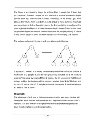 The Binary is an interesting design for a Comp Plan. It usually has 2 “legs” that
you can have “Business centers” in, and you have a volume requirement to get
paid on each leg. There is what is called “balancing”. in the Binary…you must
balance the volume from each both A and B group to make sure you maximize
your commissions. In the illustration above, the A group is the strong leg (or the
giant leg) while the B group is called the weak leg (or the profit leg). A has more
people than B (assume they all produce the same volume per person). B needs
to find 2 more people in order for U to balance hence maximizing U‟s income.


The main advantage of this plan is spill over. Allow me to illustrate


                     U                                           U



            A               B                           A                B



     A          A                                 A         A        B       B
     1          2                                 1         2        1       2




U sponsors 2 friends. In a binary, the company limits each distributor to have a
MAXIMUM of 2 people. A and B were previously recruited by U. U needs to
„balance‟ his group by helping B find 2 people. But let us assume that B is not
actively building the business at the moment, so what does U do? He finds and
sponsors 2 people HIMSELF and places both of them under B and they become
B1 and B2. This is called


SPILLOVER.
The advantage of spill over is that when everyone works as a team, the tree will
fill very fast as all up lines and down lines work together to balance each other’s
networks. It is also immune to the problems in unilevel or stair step plans with
down lines being too deep in the organization.



                                      - 20 -
 