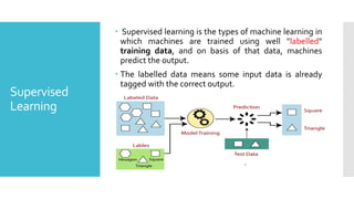Supervised
Learning
 Supervised learning is the types of machine learning in
which machines are trained using well "labelled"
training data, and on basis of that data, machines
predict the output.
 The labelled data means some input data is already
tagged with the correct output.
 