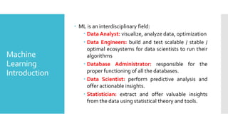 Machine
Learning
Introduction
 ML is an interdisciplinary field:
 Data Analyst: visualize, analyze data, optimization
 Data Engineers: build and test scalable / stable /
optimal ecosystems for data scientists to run their
algorithms
 Database Administrator: responsible for the
proper functioning of all the databases.
 Data Scientist: perform predictive analysis and
offer actionable insights.
 Statistician: extract and offer valuable insights
from the data using statistical theory and tools.
 