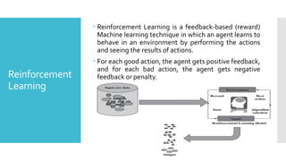 Reinforcement
Learning
 Reinforcement Learning is a feedback-based (reward)
Machine learning technique in which an agent learns to
behave in an environment by performing the actions
and seeing the results of actions.
 For each good action, the agent gets positive feedback,
and for each bad action, the agent gets negative
feedback or penalty.
 