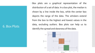 6. Box Plots
 Box plots are a graphical representation of the
distribution of a set of data. In a box plot, the median is
shown by a line inside the box, while the center box
depicts the range of the data. The whiskers extend
from the box to the highest and lowest values in the
data, excluding outliers. Box plots can help us to
identify the spread and skewness of the data.
 