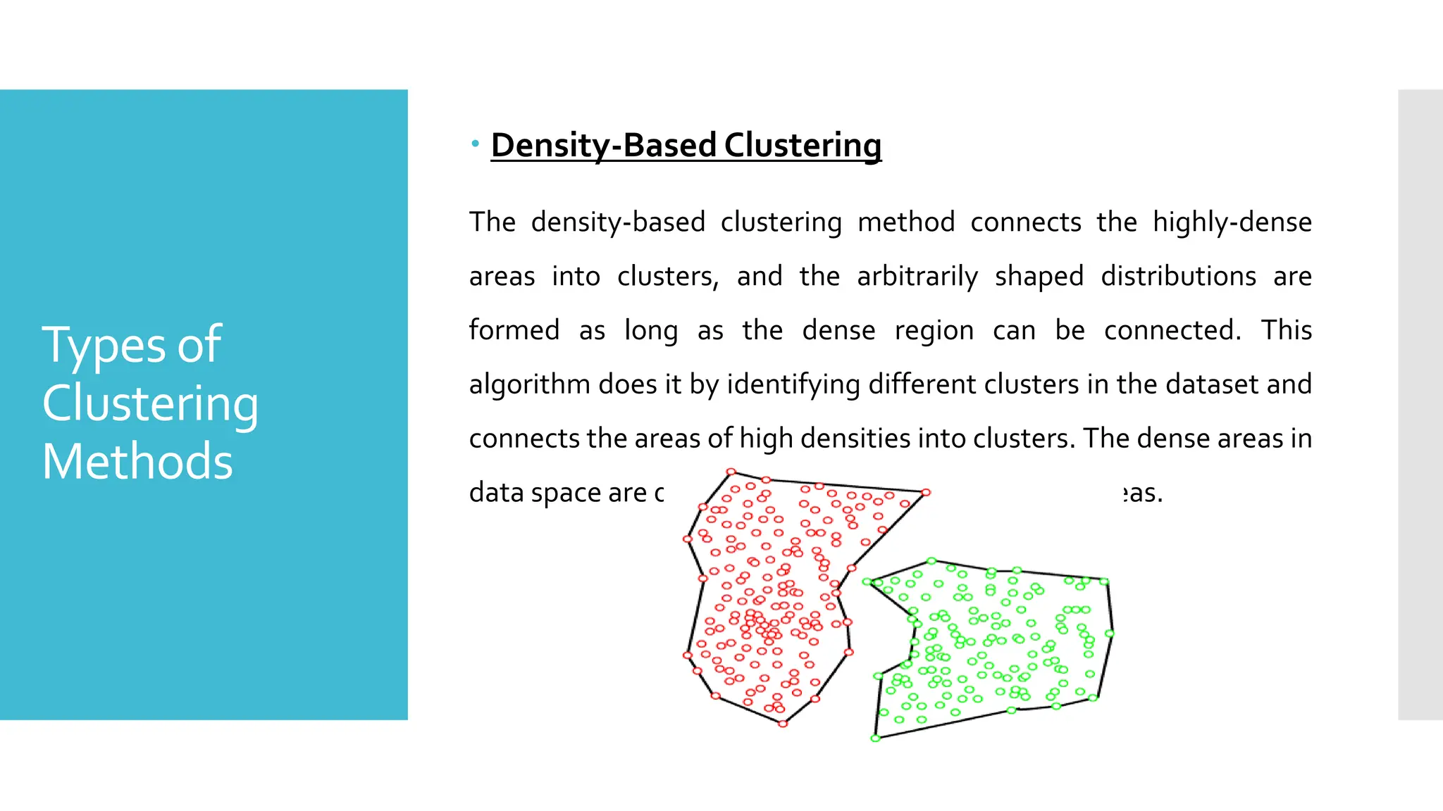 Types of
Clustering
Methods
 Density-Based Clustering
The density-based clustering method connects the highly-dense
areas into clusters, and the arbitrarily shaped distributions are
formed as long as the dense region can be connected. This
algorithm does it by identifying different clusters in the dataset and
connects the areas of high densities into clusters. The dense areas in
data space are divided from each other by sparser areas.
 