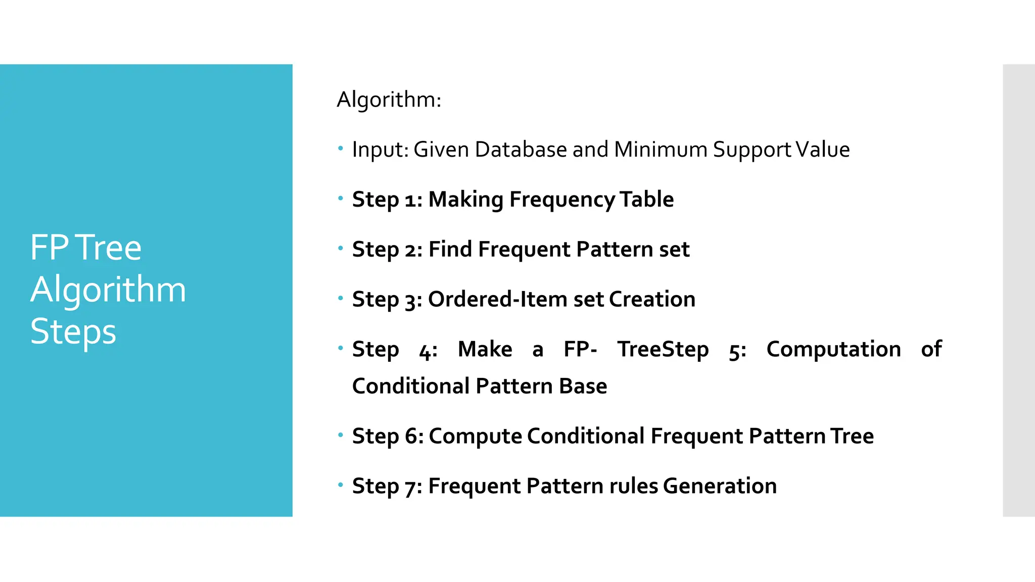 FPTree
Algorithm
Steps
Algorithm:
 Input: Given Database and Minimum SupportValue
 Step 1: Making FrequencyTable
 Step 2: Find Frequent Pattern set
 Step 3: Ordered-Item set Creation
 Step 4: Make a FP- TreeStep 5: Computation of
Conditional Pattern Base
 Step 6: Compute Conditional Frequent Pattern Tree
 Step 7: Frequent Pattern rules Generation
 