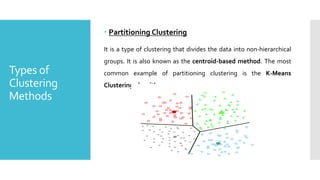 Types of
Clustering
Methods
 Partitioning Clustering
It is a type of clustering that divides the data into non-hierarchical
groups. It is also known as the centroid-based method. The most
common example of partitioning clustering is the K-Means
Clustering algorithm.
 