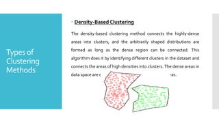 Types of
Clustering
Methods
 Density-Based Clustering
The density-based clustering method connects the highly-dense
areas into clusters, and the arbitrarily shaped distributions are
formed as long as the dense region can be connected. This
algorithm does it by identifying different clusters in the dataset and
connects the areas of high densities into clusters. The dense areas in
data space are divided from each other by sparser areas.
 