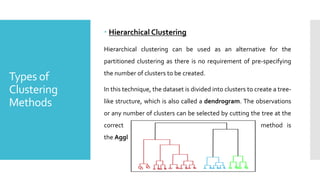 Types of
Clustering
Methods
 Hierarchical Clustering
Hierarchical clustering can be used as an alternative for the
partitioned clustering as there is no requirement of pre-specifying
the number of clusters to be created.
In this technique, the dataset is divided into clusters to create a tree-
like structure, which is also called a dendrogram. The observations
or any number of clusters can be selected by cutting the tree at the
correct level. The most common example of this method is
the Agglomerative Hierarchical algorithm.
 