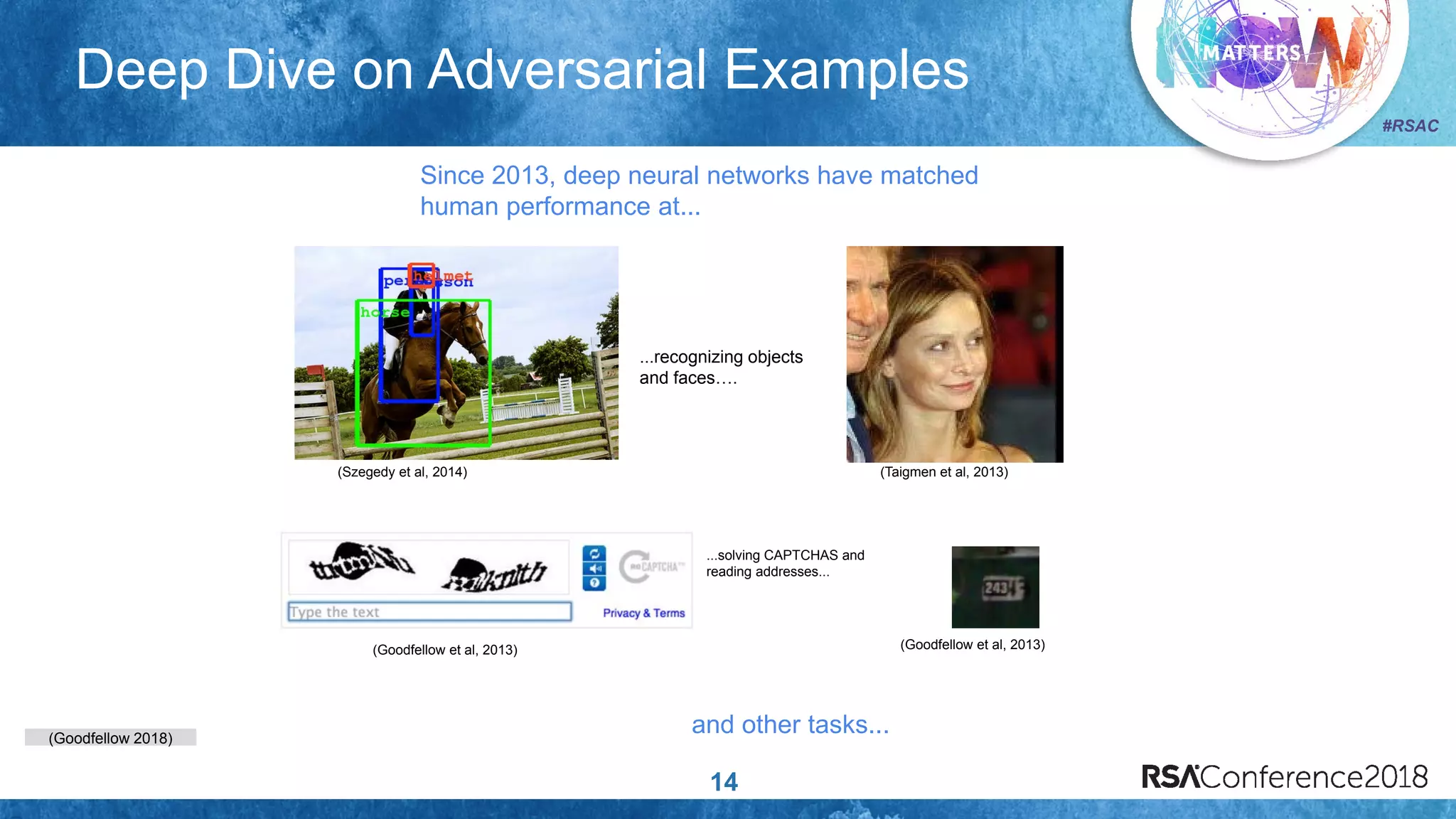 (Goodfellow 2018)
#RSAC
Deep Dive on Adversarial Examples
14
...solving CAPTCHAS and
reading addresses...
...recognizing objects
and faces….
(Szegedy et al, 2014)
(Goodfellow et al, 2013)
(Taigmen et al, 2013)
(Goodfellow et al, 2013)
and other tasks...
Since 2013, deep neural networks have matched
human performance at...
 