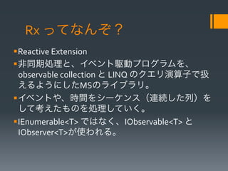 Rx	
 ?äƤʤ󤾣
??Reactive	
 ?Extension	
 ?
??ͬڄIȡ٥lӥץ
   observable	
 ?collection	
 ?	
 ?LINQ	
 ?ΥӤǒQ
   褦ˤMSΥ饤֥ꡣ	
 ?
??٥Ȥ䡢rg򥷩`󥹣BAУ
   ƿΤIƤ	
 ?
??IEnumerable<T>	
 ?ǤϤʤIObservable<T>	
 ?
   IObserver<T>ʹ롣	
 ?
 