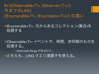 Rx	
 ?(IObservable<T>,	
 ?IObserver<T>)	
 ?
ޤǤLINQ	
 ?	
 ?
(IEnumerable<T>,	
 ?IEnumrator<T>)Ȥ`

??IEnumerable<T>:	
 ?	
 ?Ԫ餢륳쥯()
   I	
 ?

??IObservable<T>:	
 ?٥Ȥ䡢rgͬڤΤΤ
   I롣	
 ?
     ?? Observable.Range	
 ?뤱ɡ	
 ?
??ɤ⡢LINQ	
 ?Ӥʹ롣	
 ?
 