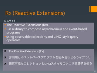 Rx	
  (Reactive	
  Extensions)
公式サイト
§ The	
  Reactive	
  Extensions	
  (Rx)...	
  
§ ...is	
  a	
  library	
  to	
  compose	
  asynchronous	
  and	
  event-­‐based	
  
   programs	
  	
  
§ using	
  observable	
  collections	
  and	
  LINQ-­‐style	
  query	
  
   operators.


ì  The	
  Reactive	
  Extensions	
  (Rx)...	
  

ì  非同期とイベントベースプログラムを組み合わせるライブラリ	
  

ì  観察可能なコレクションとLINQスタイルのクエリ演算子を使う

                                                                                        10
 